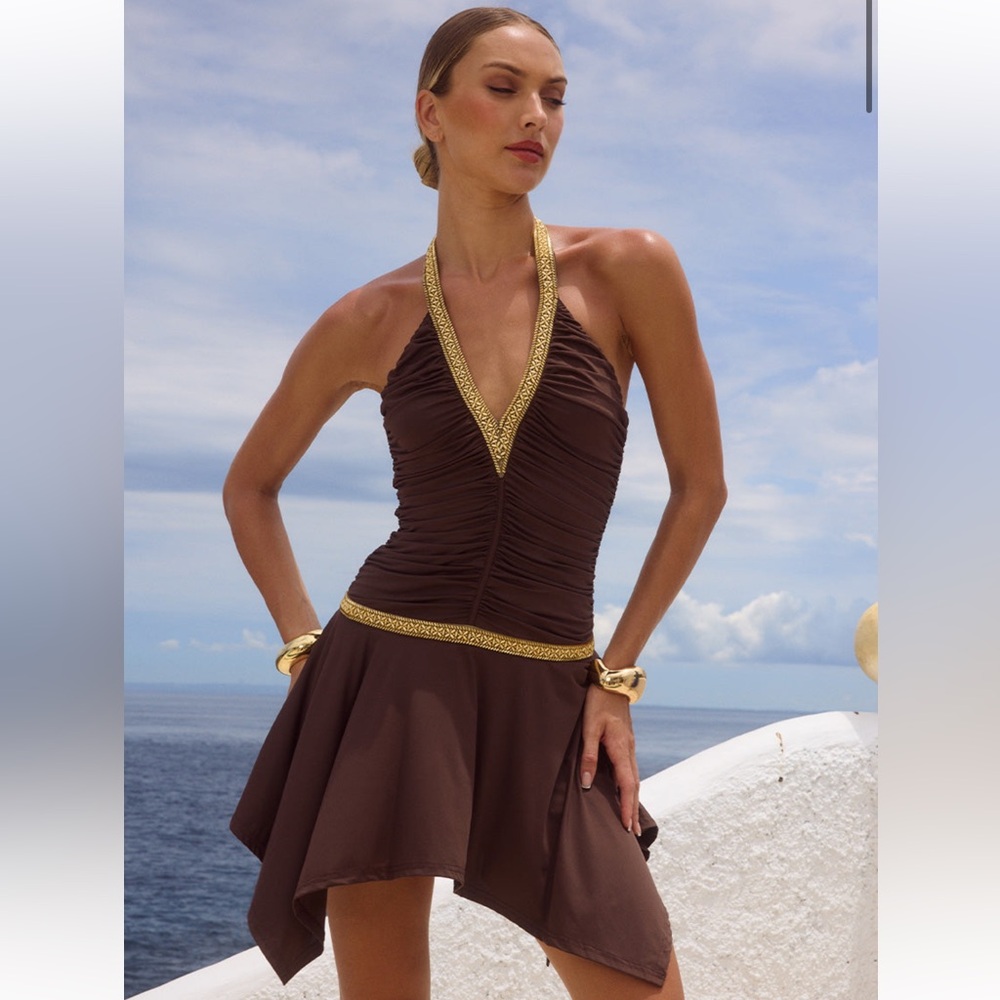 Elegant Brown and Gold Halter Dress